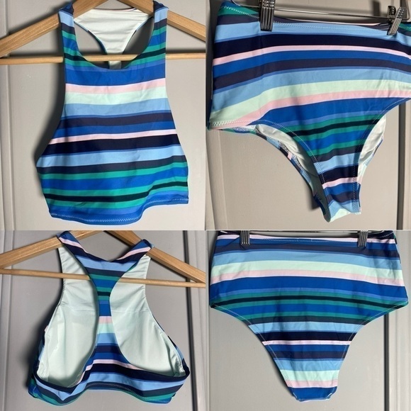 Aerie Small Medium Swimsuit High Neck Bikini Stripe Vacation  Beach Outfits Swim - Picture 1 of 13